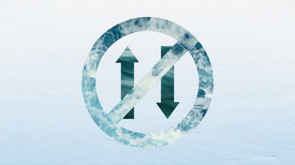 A blue gradient background with a "no two way street" sign. The sign is made out of water.